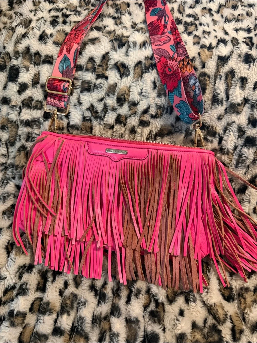 Rebecca Minkoff Hot Pink and Brown Fringe Crossbody with Printed Strap